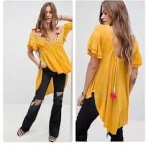FREE PEOPLE Embroidered FIESTA NUEVA Tunic Top Yellow Size XS